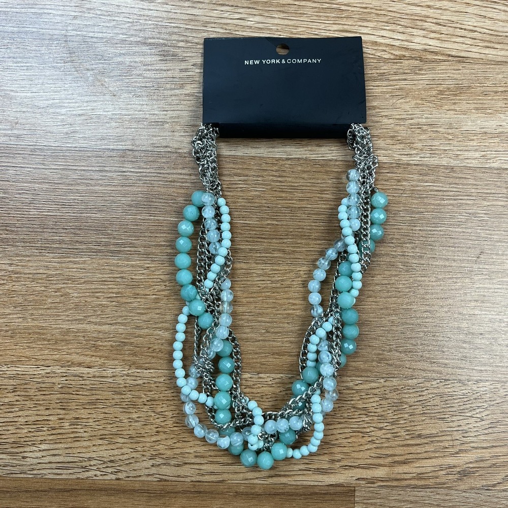 New York & Company Green and Silver Bead Chain Multi Strand Necklace NEW‎